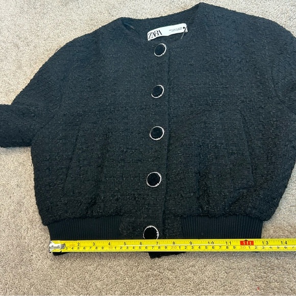 Zara Black tweed bomber jacket velvet button front Sz S - Picture 11 of 13